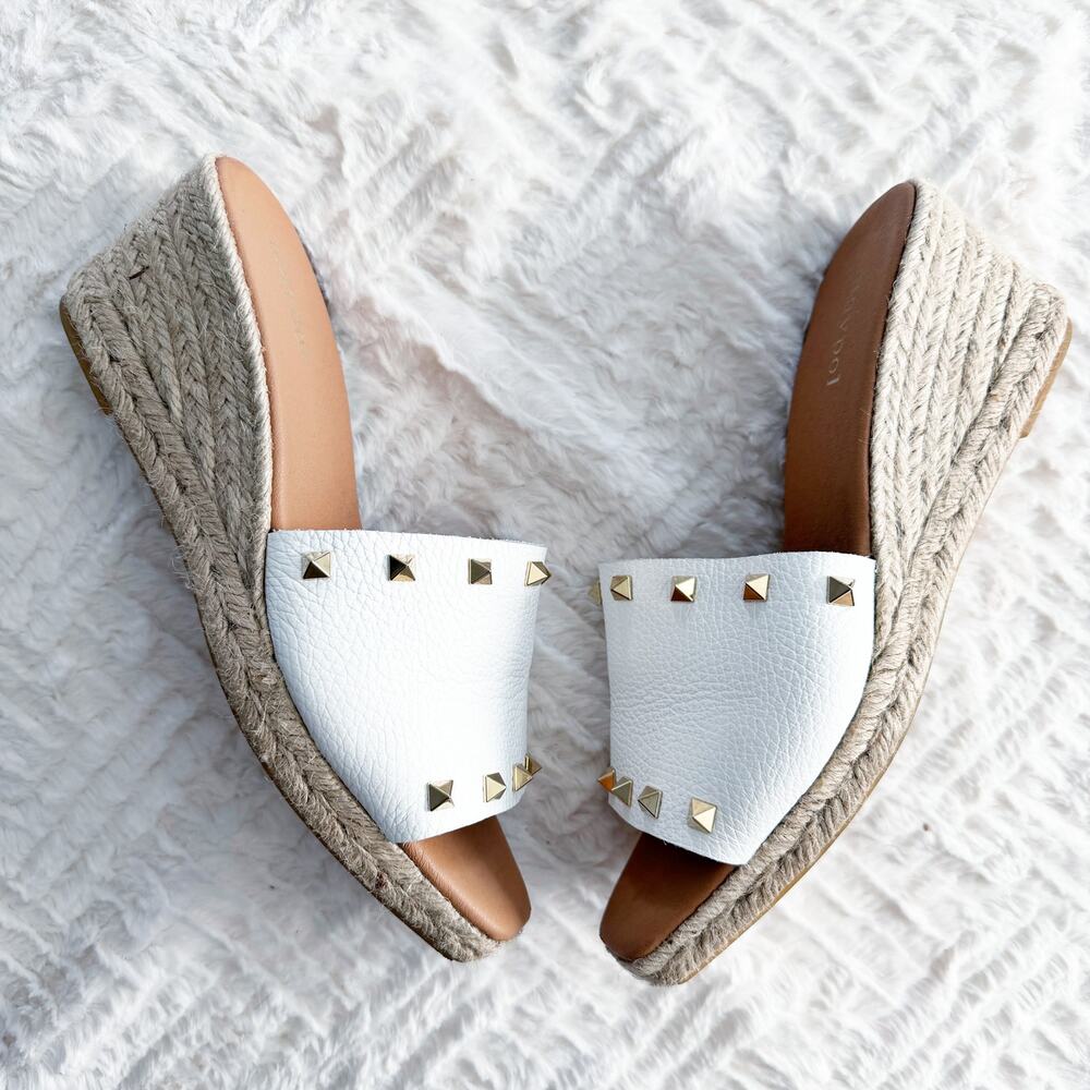 Maypol White Leather Gold Studded Espadrille Slides Platform